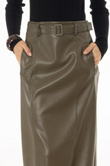 Green Belted Faux Leather Midi Skirt