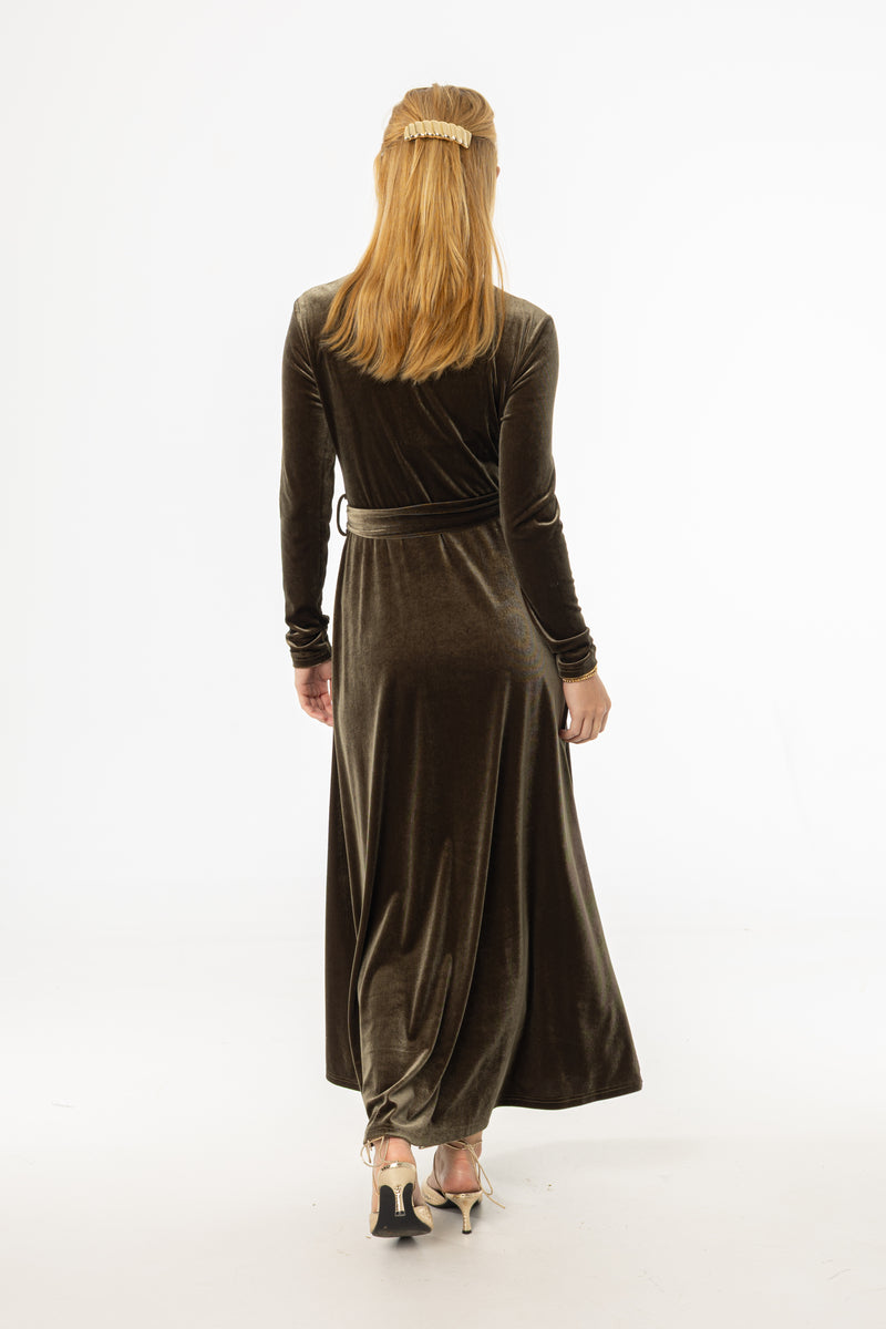 Olive Ruched Velour Maxi Dress