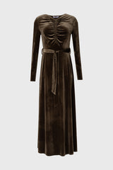 Olive Ruched Velour Maxi Dress