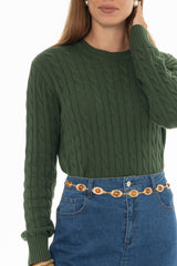 Green Cable Knit Crewneck Sweater