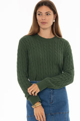 Green Cable Knit Crewneck Sweater