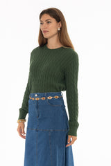 Green Cable Knit Crewneck Sweater