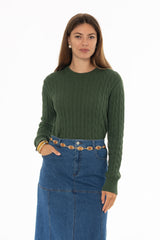 Green Cable Knit Crewneck Sweater