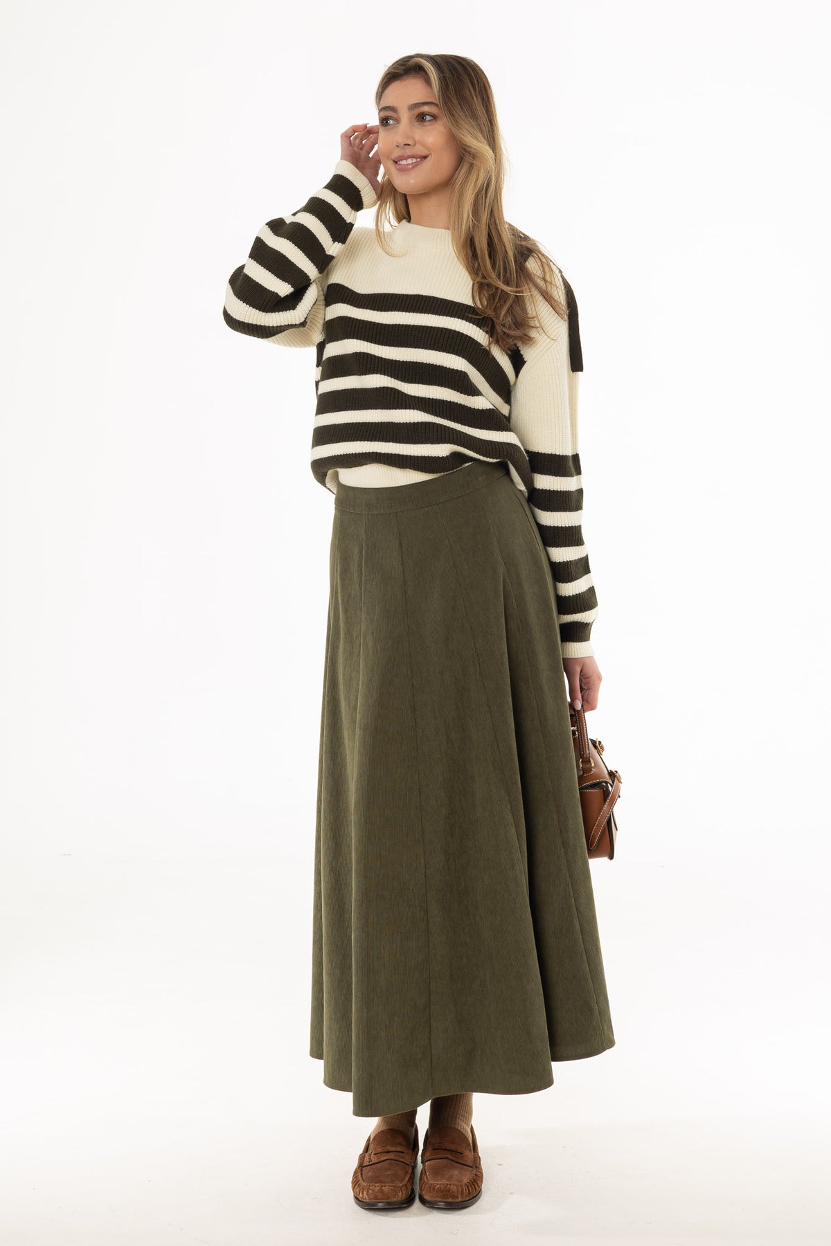 Green Corduroy Paneled Flare Maxi Skirt – BLANK