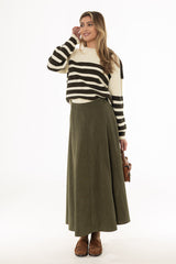 Green Corduroy Paneled Flare Maxi Skirt
