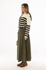 Green Corduroy Paneled Flare Maxi Skirt