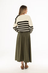 Green Corduroy Paneled Flare Maxi Skirt