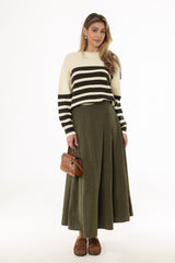 Green Corduroy Paneled Flare Maxi Skirt