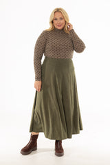 Green Corduroy Paneled Flare Maxi Skirt