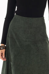 Green Drop-Waist Microsuede Midi Skirt