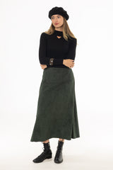 Green Drop-Waist Microsuede Midi Skirt