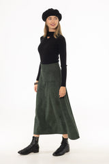 Green Drop-Waist Microsuede Midi Skirt