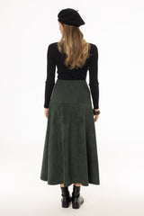 Green Drop-Waist Microsuede Midi Skirt