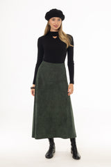 Green Drop-Waist Microsuede Midi Skirt