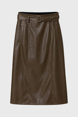 Green Belted Faux Leather Midi Skirt
