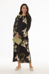 Green Floral Drawstring Sleeve Maxi Dress