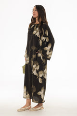 Green Floral Drawstring Sleeve Maxi Dress