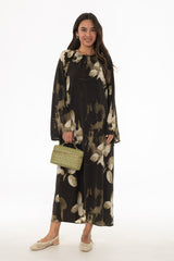 Green Floral Drawstring Sleeve Maxi Dress