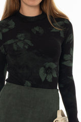 Green Floral Mesh Mock Neck Top