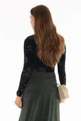 Green Floral Mesh Mock Neck Top