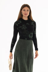 Green Floral Mesh Mock Neck Top