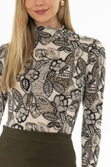 Green Leaf Printed Turtleneck Top