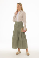 Green Linen Feel Pleated Stretch Maxi Skirt