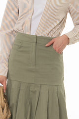 Green Linen Feel Pleated Stretch Maxi Skirt