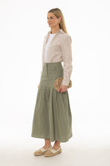 Green Linen Feel Pleated Stretch Maxi Skirt