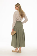 Green Linen Feel Pleated Stretch Maxi Skirt