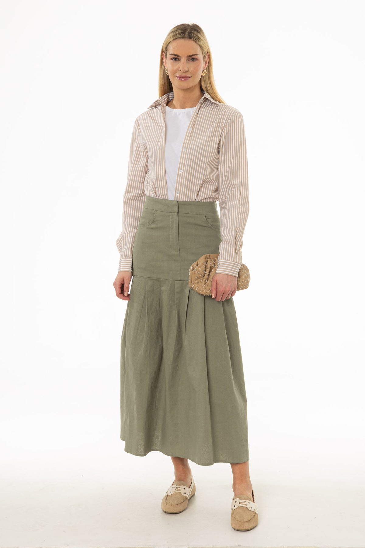 値下げ❗️IRENE　The shirt pressed Skirtスカート Green Linen Feel Pleated Stretch Maxi Skirt – BLANK