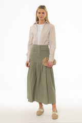 Green Linen Feel Pleated Stretch Maxi Skirt
