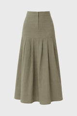 Green Linen Feel Pleated Stretch Maxi Skirt
