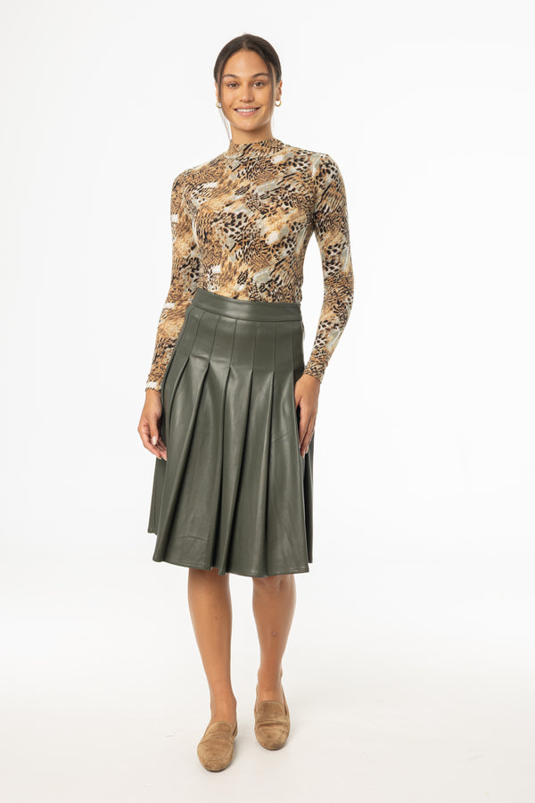Green Pleated Vegan Leather Skirt