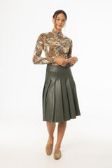 Green Pleated Vegan Leather Skirt
