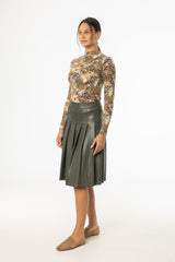 Green Pleated Vegan Leather Skirt
