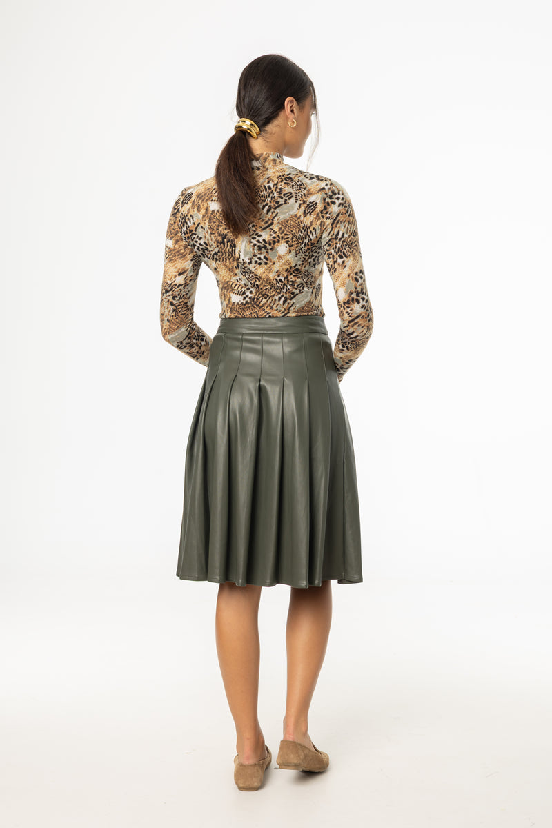 Green Pleated Vegan Leather Skirt