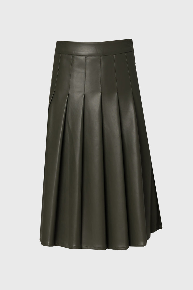 Green Pleated Vegan Leather Skirt