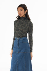 Green Paisley Printed Turtleneck Top