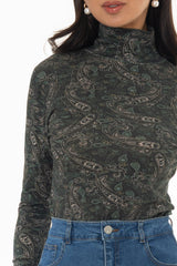 Green Paisley Printed Turtleneck Top