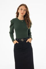 Green Puff Sleeve Knit Sweater Top