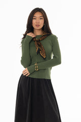 Green Ribbed Shoulder Detail Sleeve Top