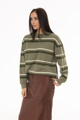 Green Striped Crew Neck Sweatshirt