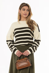 Green Striped Laced Shoulder Knit Top