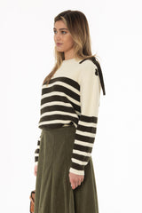 Green Striped Laced Shoulder Knit Top