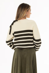 Green Striped Laced Shoulder Knit Top