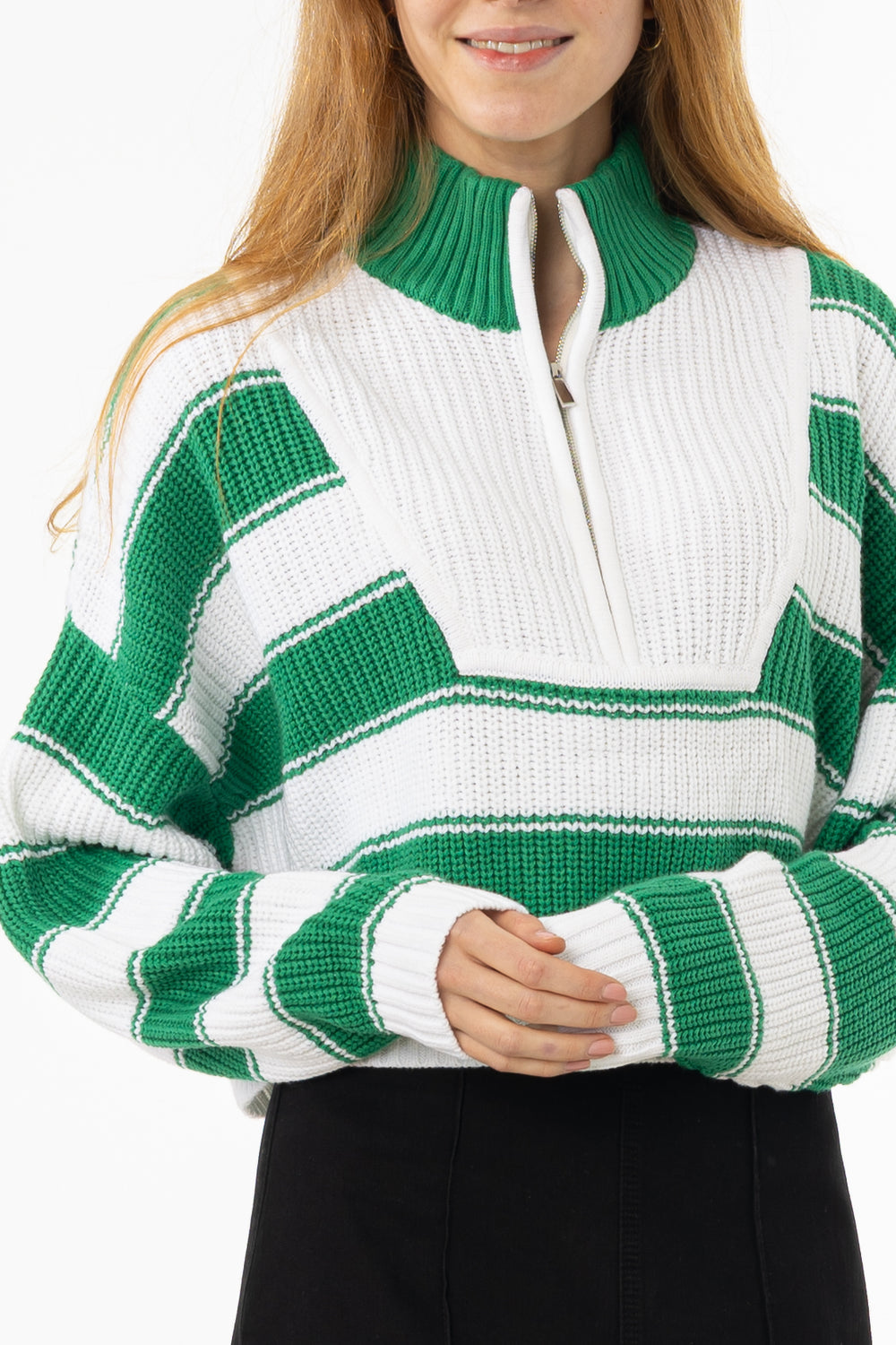 Green Striped Quarter Zip Sweater Top – BLANK