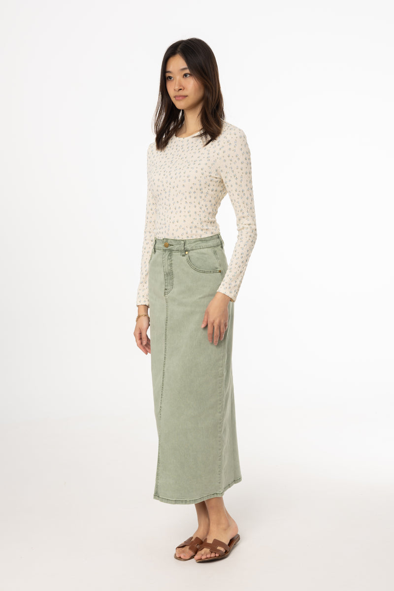 Green Wash Denim Maxi Skirt