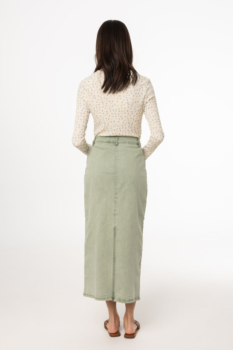 Green Wash Denim Maxi Skirt