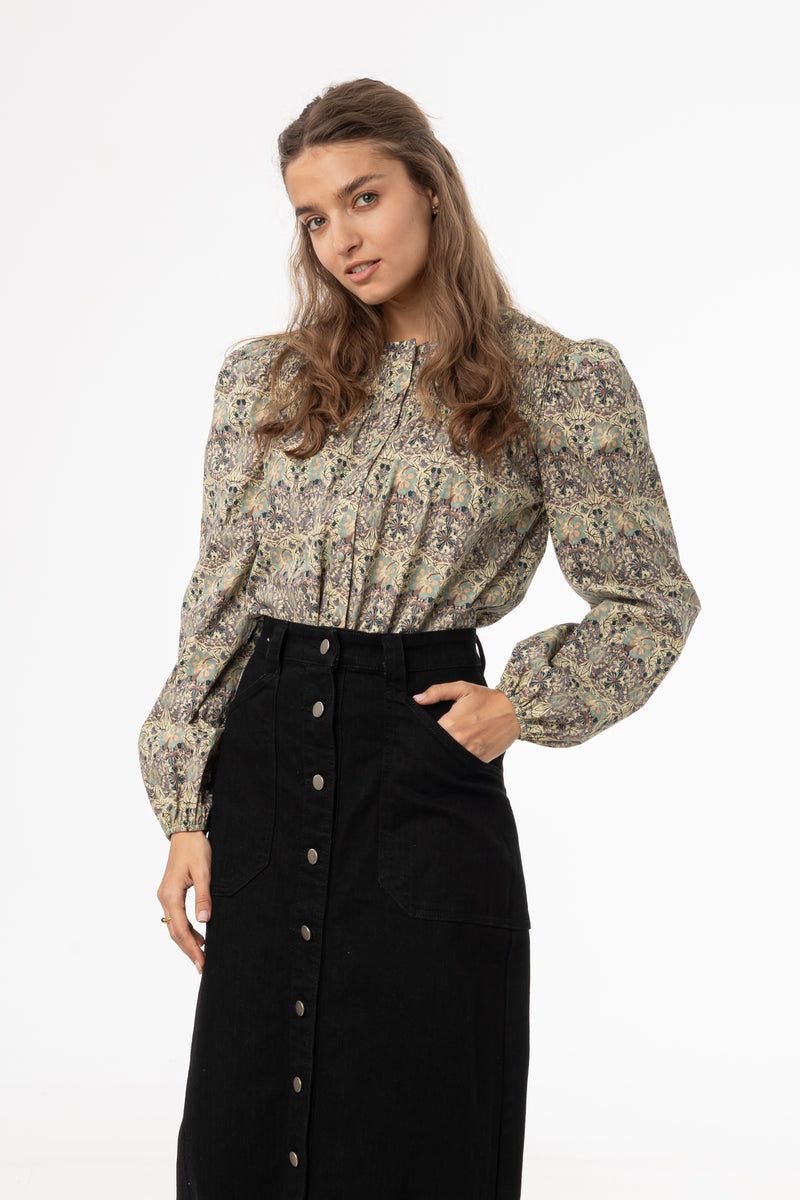 Green and Purple Floral Smocked Blouse